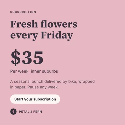 Sample offer post for Petal & Fern: Fresh flowers every Friday, with its price.